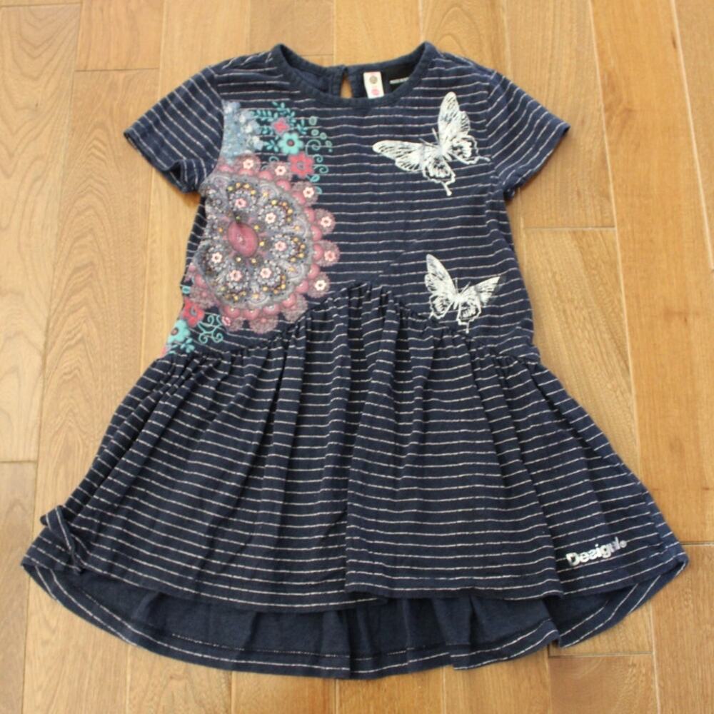 Desigual Short Sleeve Twirl Dress Blue White Stripe Butterfly Mandala 3-4 Year